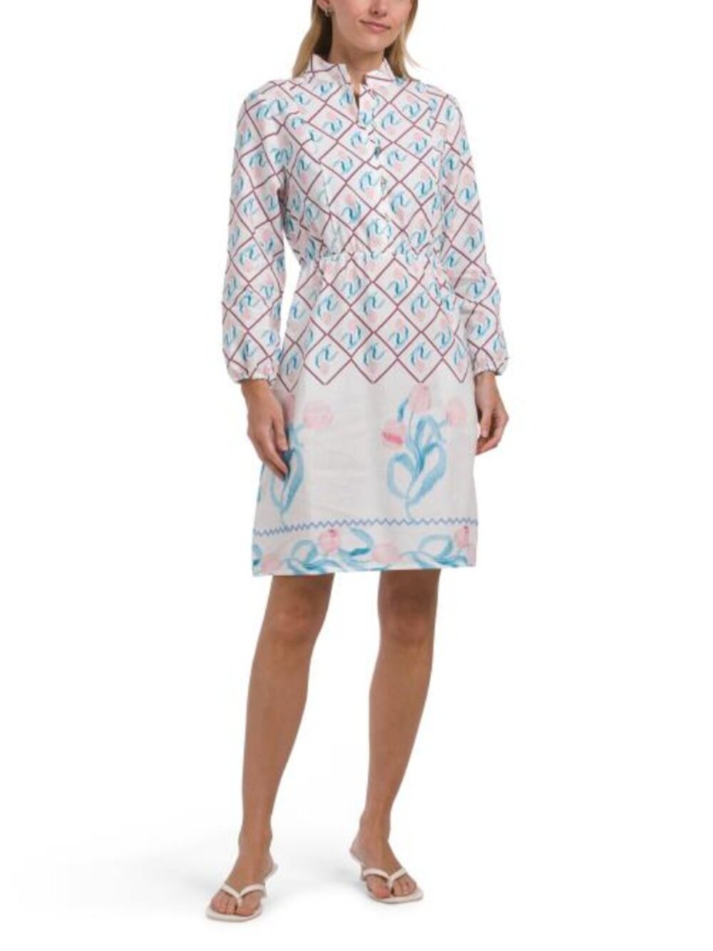 SPIGHE DI LINO Made In Italy Linen Blend Long Sleeve Floral Dress